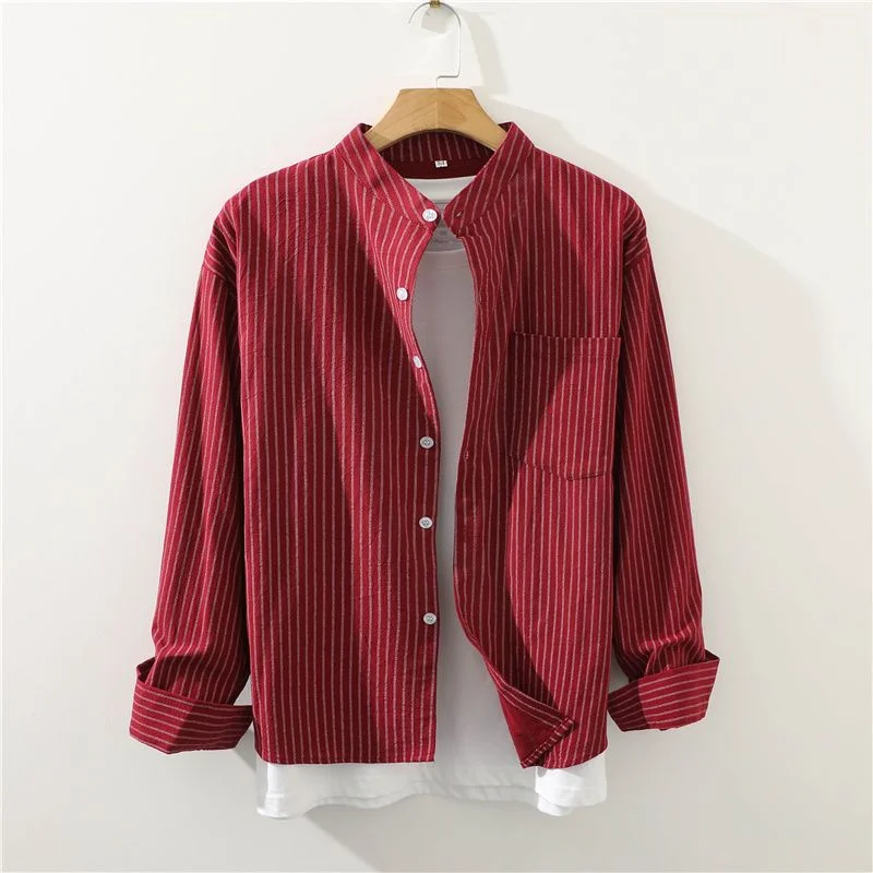 Men Striped Shirt Spring Summer Loose Stand Collar Breathable Long Sleeve Fashion Trendy Versatile Japanese Style Youth Shirt