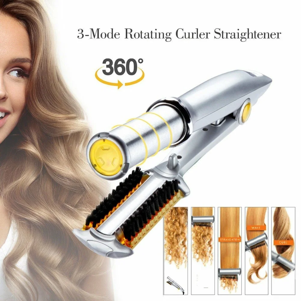 Professional Hair Straightening Iron Rotating Curling Iron Straightener Curler Styler Multi Hair Styling Tool Flat Iron Brush