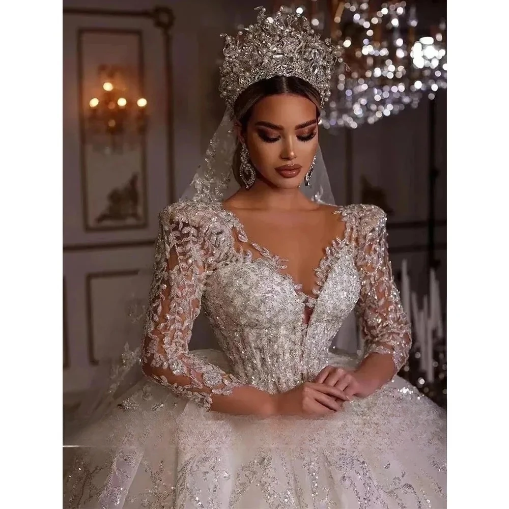 Ball Gown Sparkly Wedding Dresses Customized V Neck Long Sleeve Robe De Mariee Lace Beaded Princess Glitter Vestido De Novia