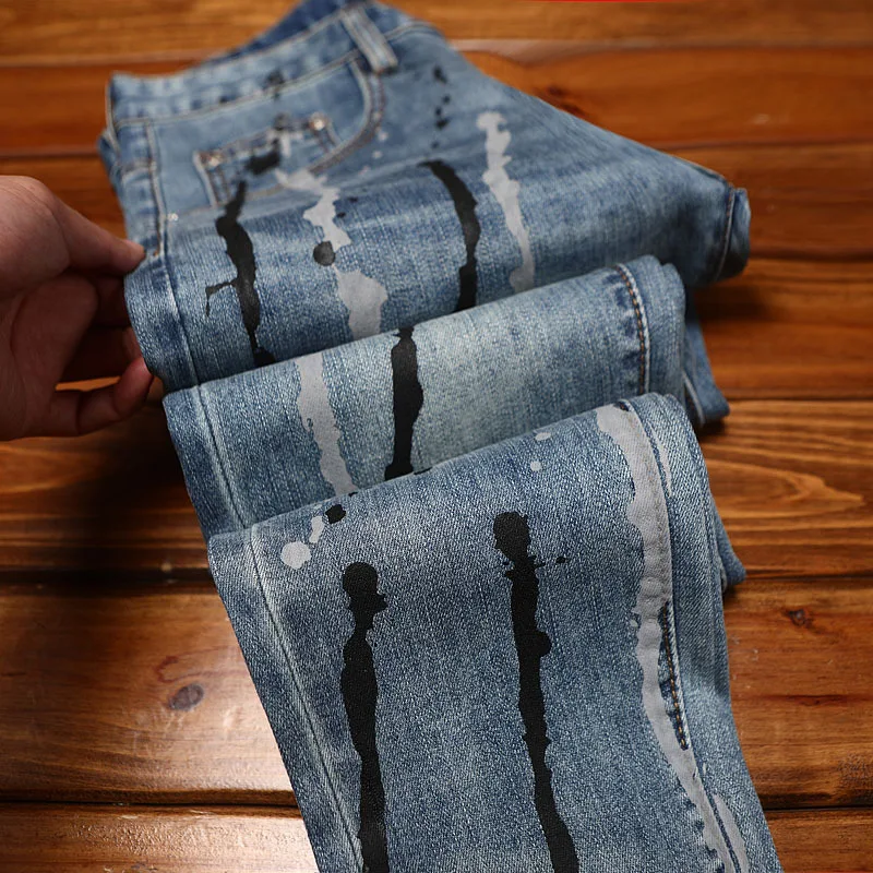 Printed inkjet jeans, men's fashion trend, Street Men's clothing, casual slim fit, small feet, retro denim pants