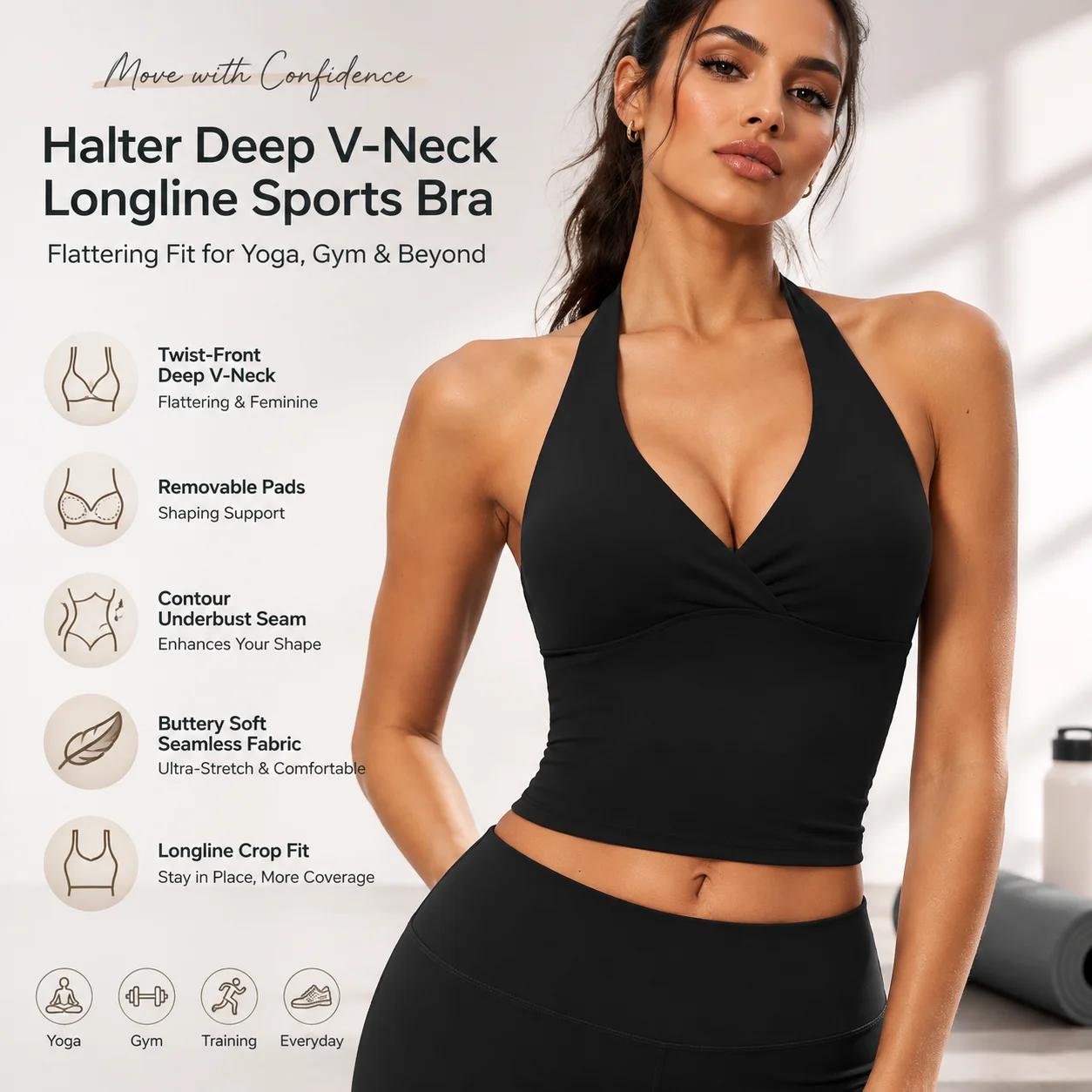 Women's Halter Deep V-Neck Twist-Front Longline Sports Bra Padded Seamless Crop Tank Top with Contour Underbust Seam for Yoga Gy