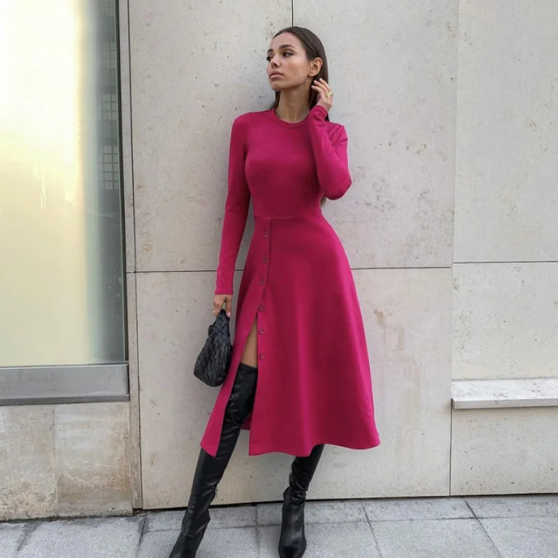 

Women's Long Skirt Slit Dress, Tight Waist, Slim-Fit Long Sleeve, Milk Silk, Graceful, Early Autumn Wear, Wlj