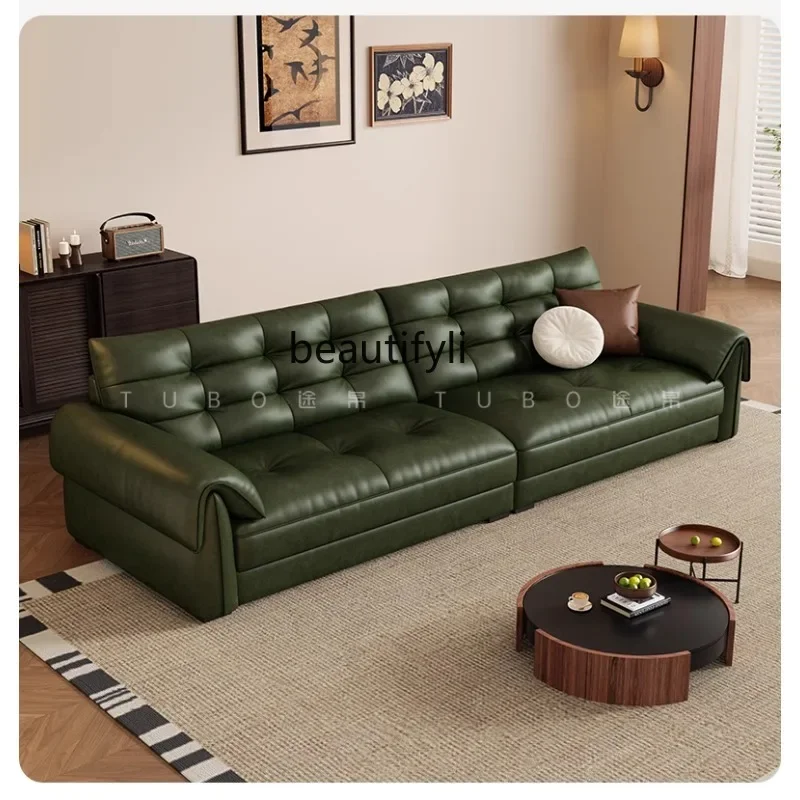 

A48 Leather sofa living room light luxury oil wax leather retro Italian minimalist first layer cowhide
