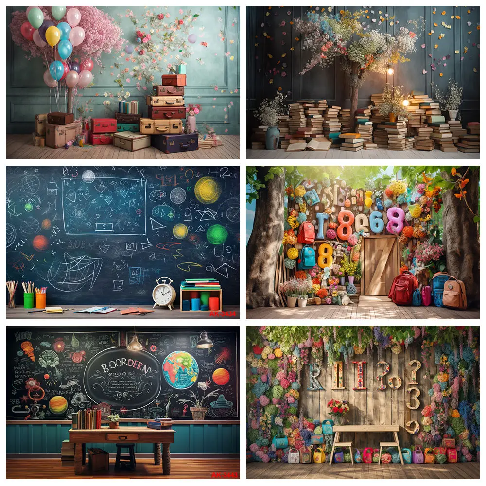 

Flower Wall Photography Backdrop Retro Desk Books Students Back to School Graduation Banner Photozone Background Photo Studio