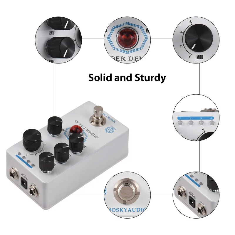 MOSKYAUDIO SUPER DELAY Guitar Delay Effect Pedal Blend/Time/Rate/Repeat/4-Mode Knob 9V 6.35mm Input/Output Interface True Bypass