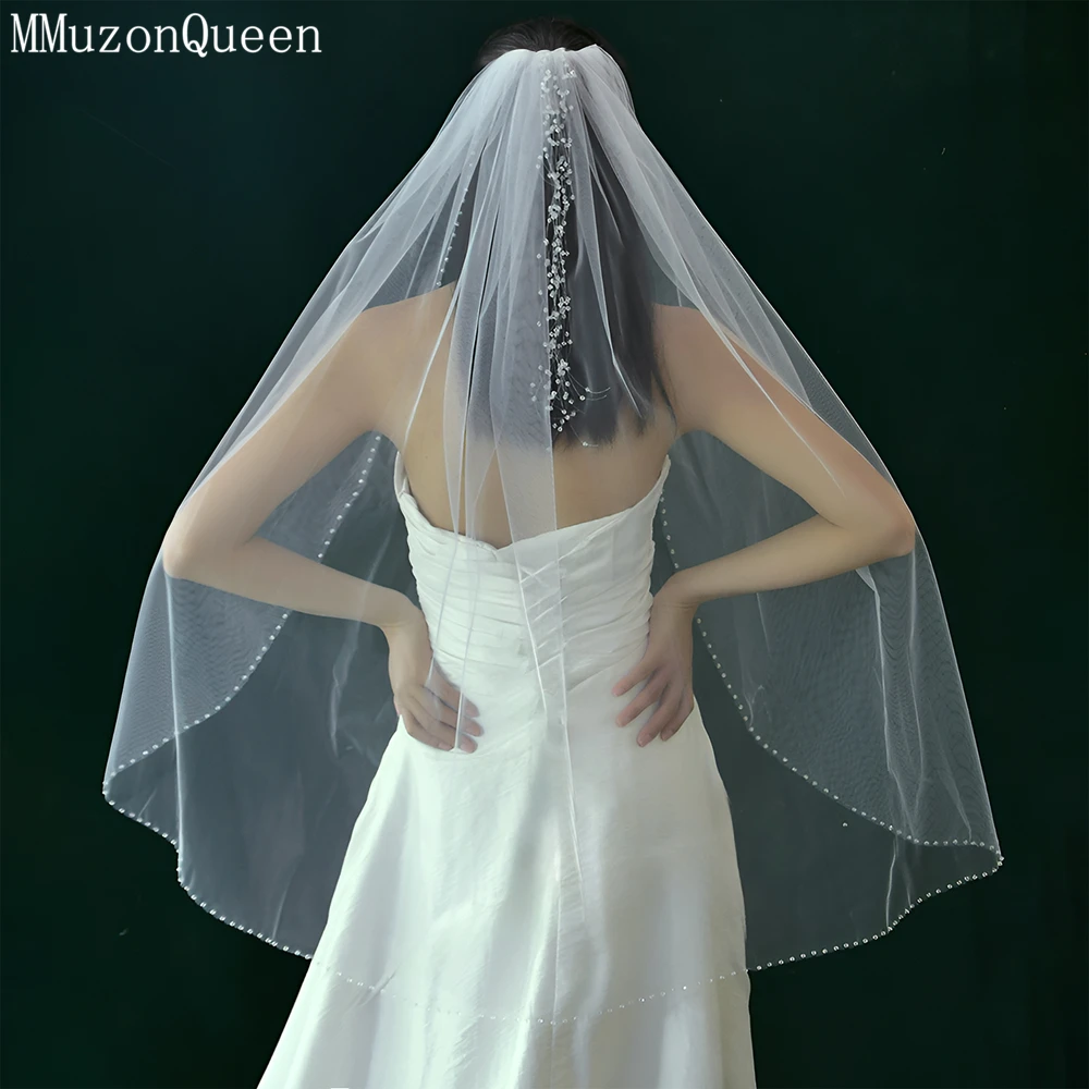 MMQ Sparkling Rhinestone Beaded Edge Bridal Veil Refers To Long White Soft Tulle Outdoor Wedding Accessory For Women Wedding M20