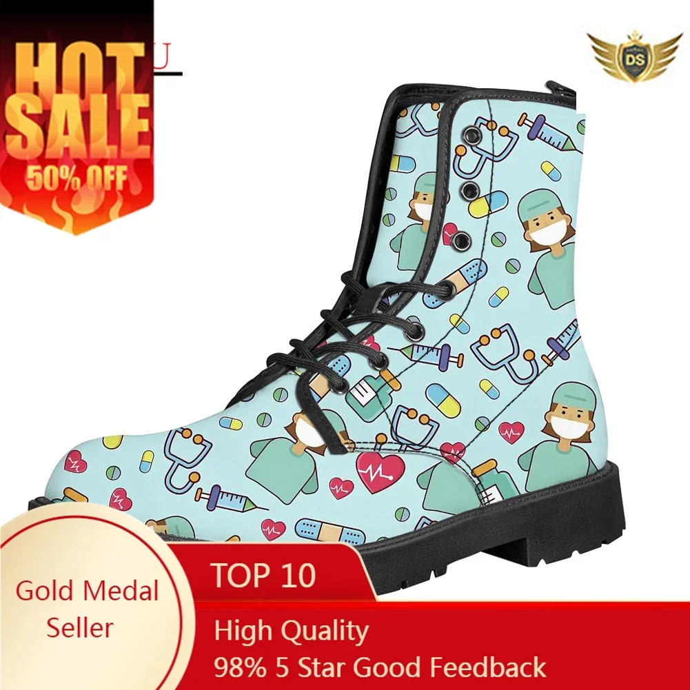 

Women Cartoon Nurse Boots Low Heels Shoes Medical Heart Beat Brand Design Fashion Pu Leather Autumn Warm High Top Boots