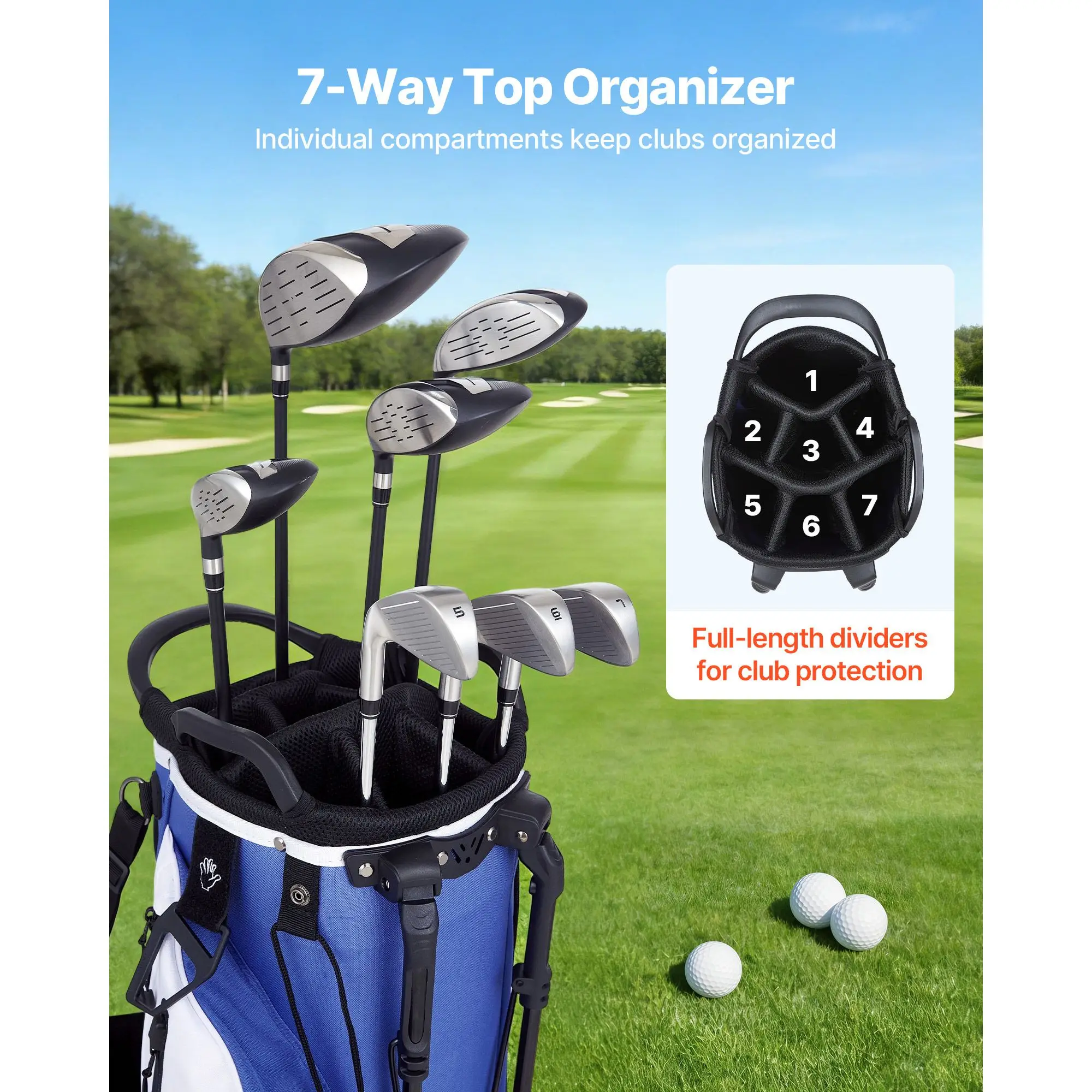 

Golf Cart Bag, 7 Way Top Divider Organizer, Club Stand Bag with Full-length Divider, Handles, Dual Support Legs, Storage Pockets, Dual Shoulder Straps, Rain Hood, Lightweight for Men and Women