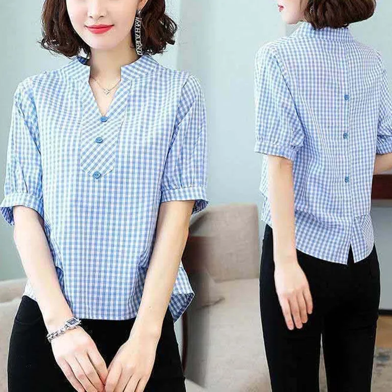 Office Lady Plaid Fashion V-Neck Blouse Casual Button Summer Short Sleeve All-match Women's Clothing Patchwork Straight Shirt