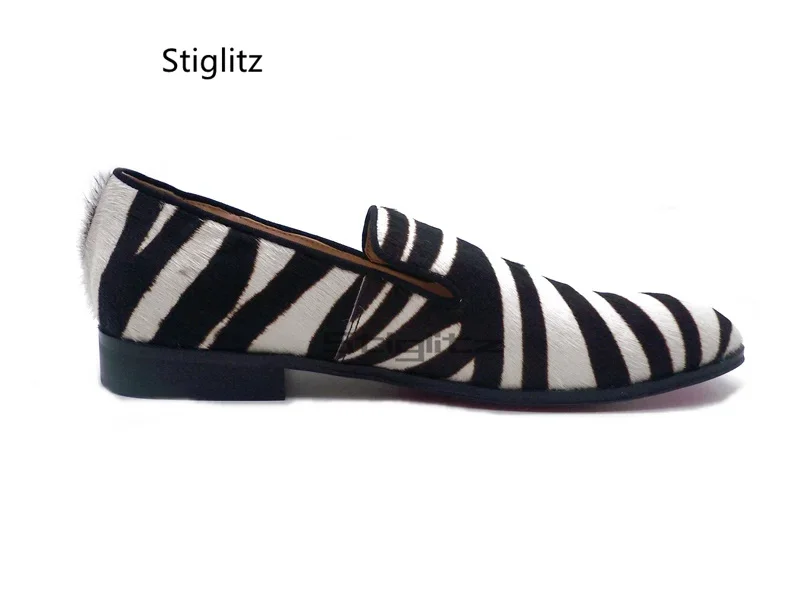 Black and White Zebra Striped Loafers Shoes for Men Horsehair Leather Slip On Dress Shoes Men\'s Flats Casual Driving Shoes