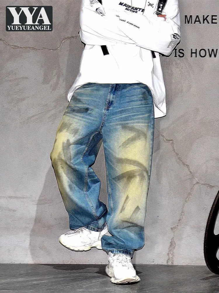 

Vintage Distressed Design Hip Hop Men Denim Pants Loose Fit Straight Trousers Spring High Street Personality Casual Jeans Male
