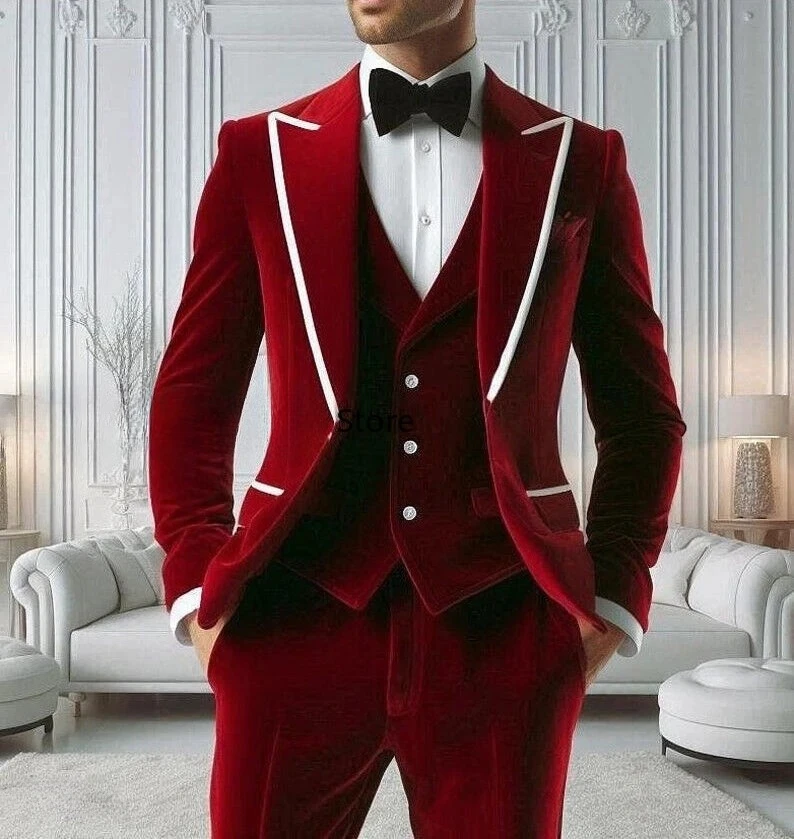 Ternos masculinos de veludo borgonha, jaqueta de 3 peças com peito único e calças colete, feito sob encomenda, smoking de casamento para homens