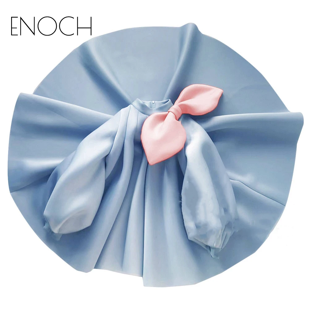 ENOCH carino collo alto Flower Girl abiti lunghi con fiocco sulla spalla bambino bambini compleanno vestito lanterna ragazze abiti personalizzati estate nuovo