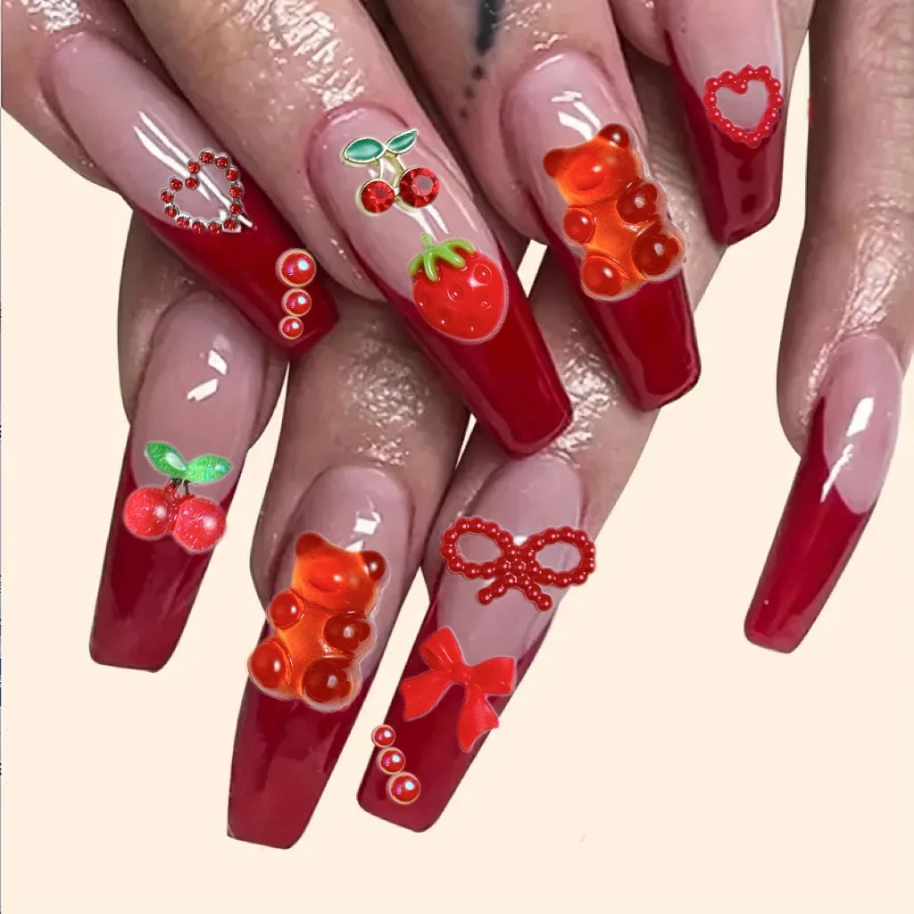 3Dレジンミックスネイルチャーム,マニキュアアクセサリー,赤いハート,クマ,バラ,イチゴ,赤,装飾,DIY, 1箱