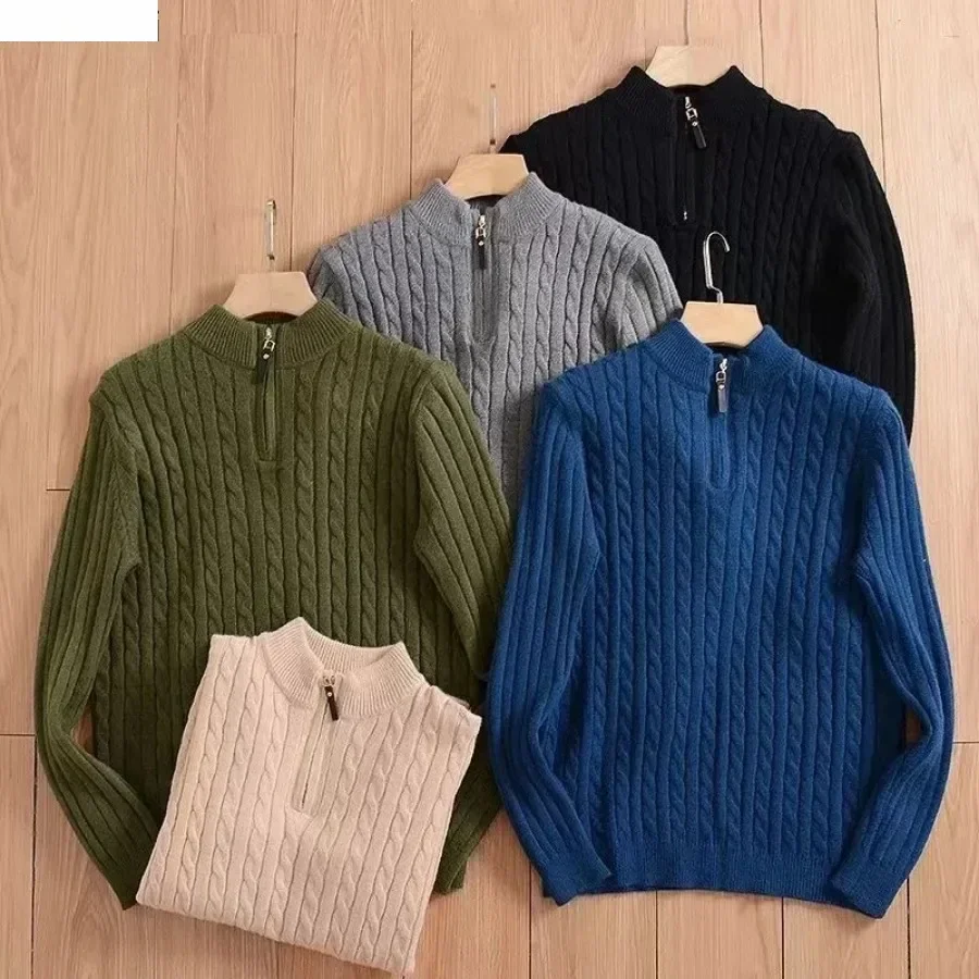 Sweter Rajutan Hangat Pria Atasan Hangat Ritsleting Leher Berdiri Musim Gugur Musim Dingin Pulover Rajutan Lengan Panjang Jacquard Solid Pria