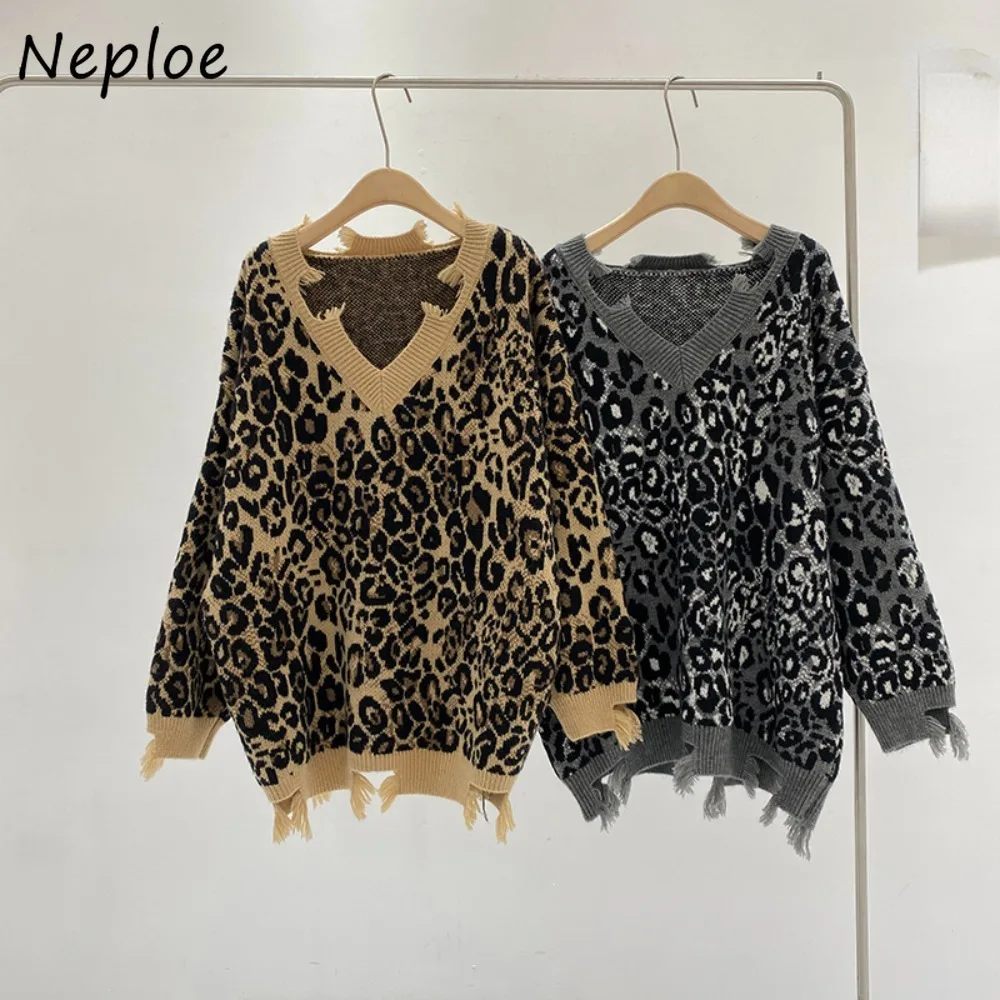 Neploe Hong Kong Style Moda Korea Chic Harajuku Pull Femme Hole Loose Mid-length Jumper Leopard Personalized Spice Girls Sweater