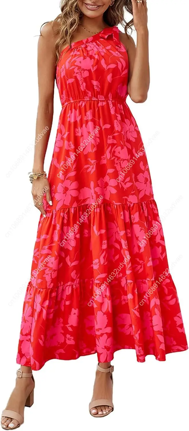 

Women's Summer Floral One Shoulder Maxi Dress Knot Ruffle Boho Beach Vacation Wedding Guest Long Dresses