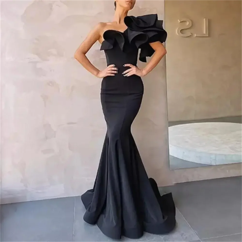 

2023 Luxury Satin One-shoulder Simply Formal Party Celebrity Bridesmaid Gown Elegant Mermaid Black Long Prom Dresses for Women