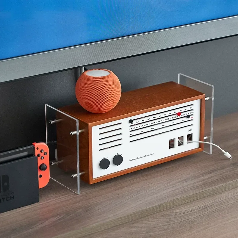 Retro Solid Wood Acrylic Cable Management Box Desktop Power Strip Organizer Dustproof Wire Storage Holder for Home Office