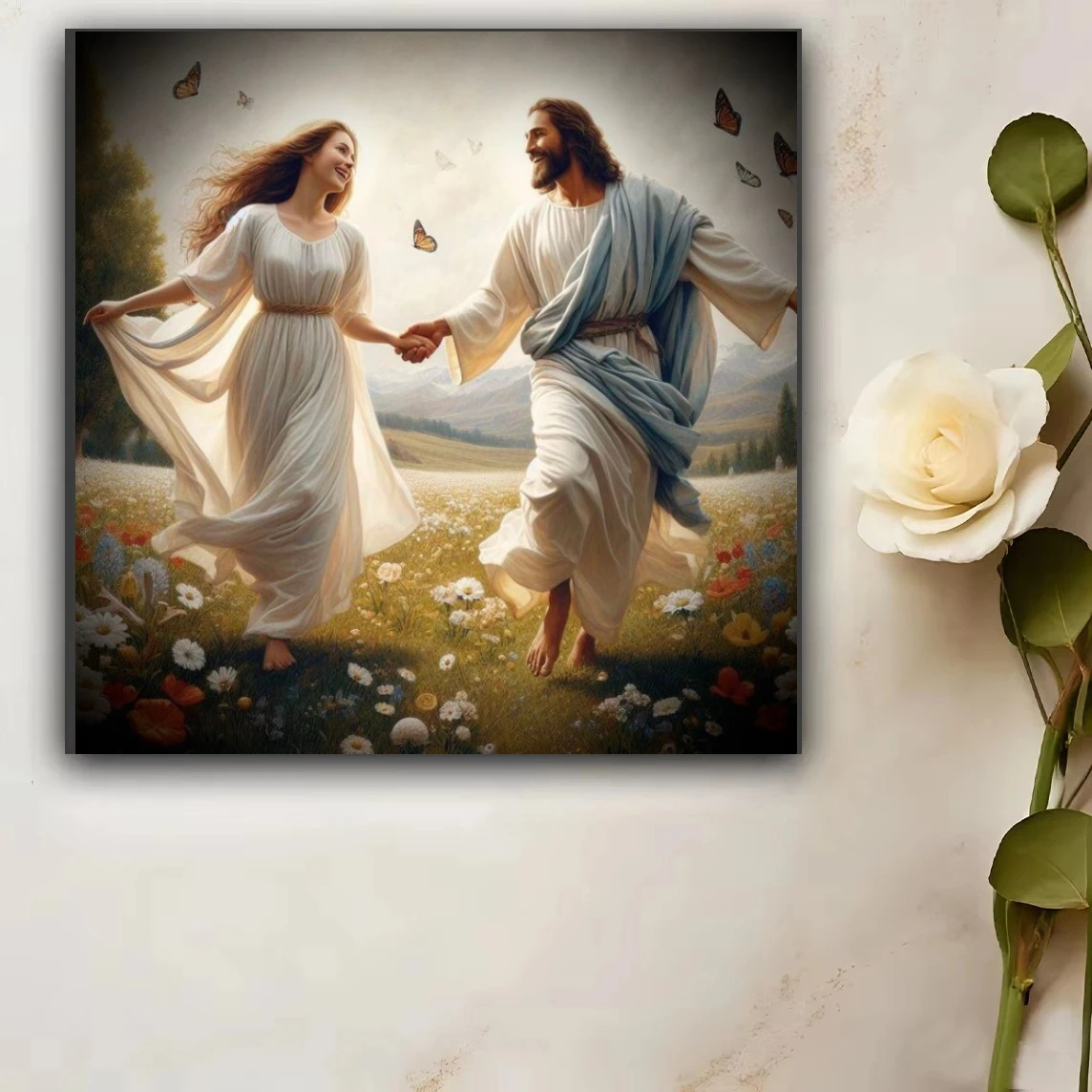 Jesus and Woman Running in Flower Field Jigsaw Puzzles 500PCS/1024 PCS Modern Wall Decor for Living Room Bedroom Gift No Frame