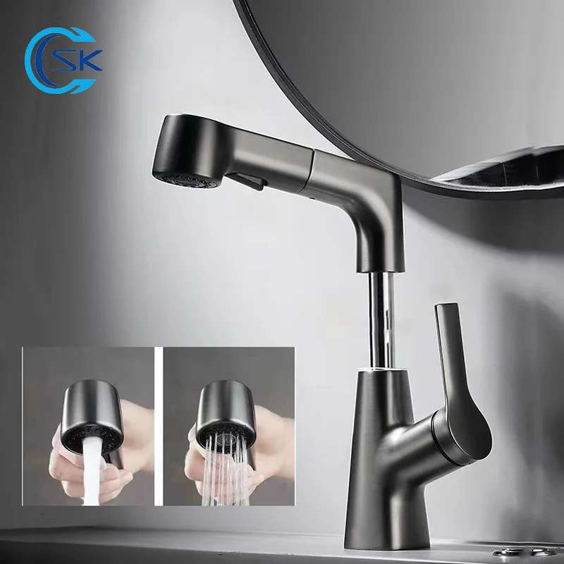 

Black/Gun Gray Pull Out Bathroom Basin Faucet Cold Hot Water Liftable Sink Faucet 2 Modes Single Hole Deck Mounted Mixer Tap