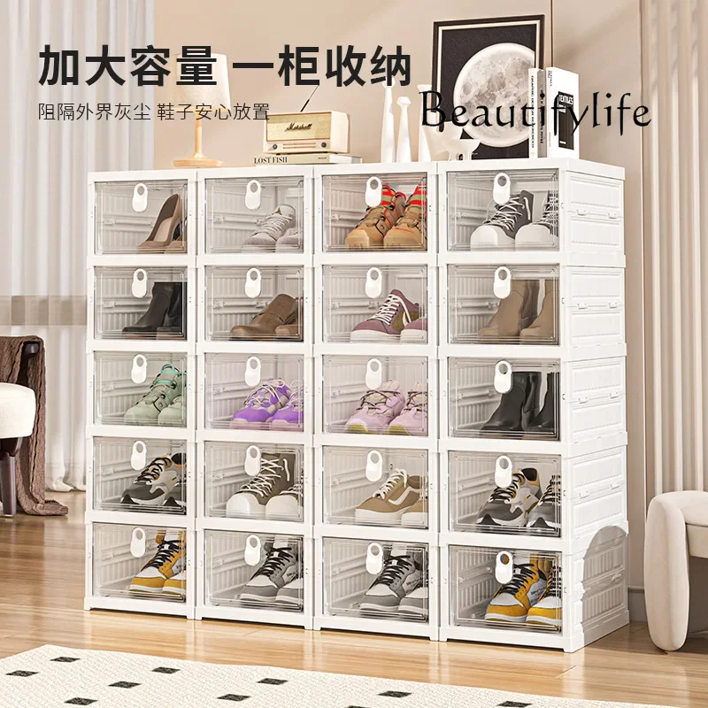 R French Style Free Installation Folding Shoe Box Storage Rack, Transparent Shoe Rack Storage Box, Multi-layer Integrated Shoe C