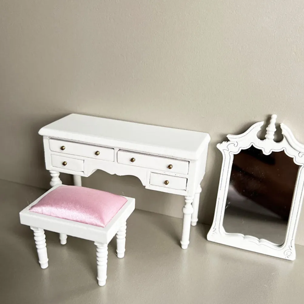 

1Set 1:12 Scale White Miniature Vanity Table Set with Stool and Functional Drawers for Dollhouse Bedroom Living Room Decor