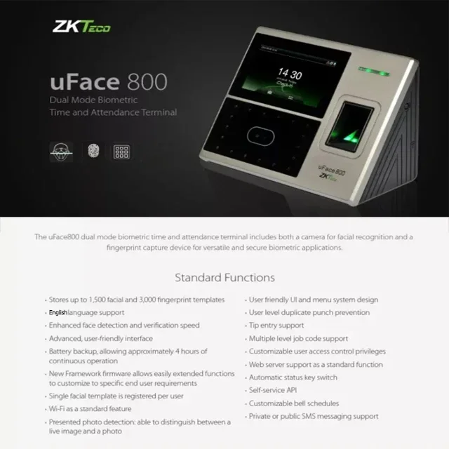 Uface800-máquina de reconocimiento de tiempo, huellas dactilares, cara y asistencia, 4,3 pulgadas