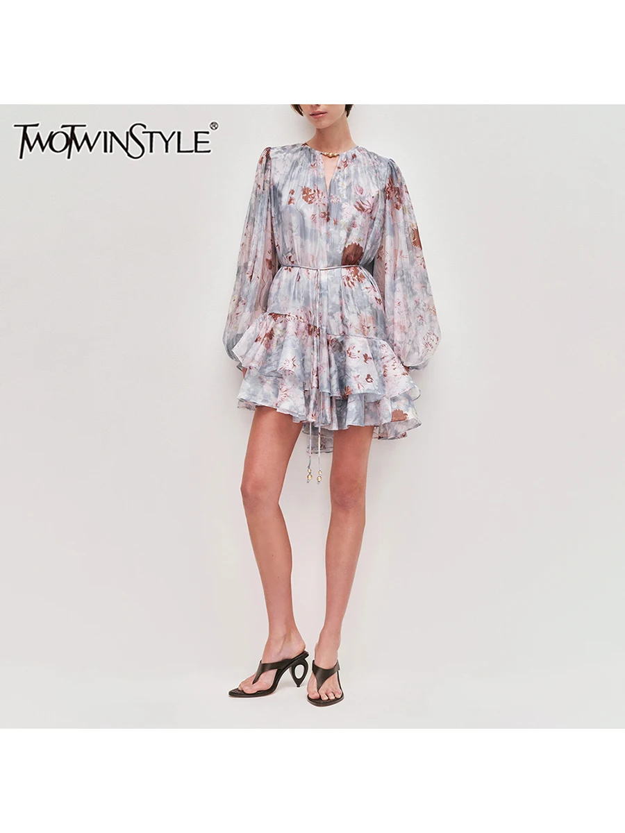 TWOTWINSTYLE Colorblock Spliced Floral Loose Mini Dress for Women Long Sleeves Patchwork Ruffle Casual Dresses Female Elegant