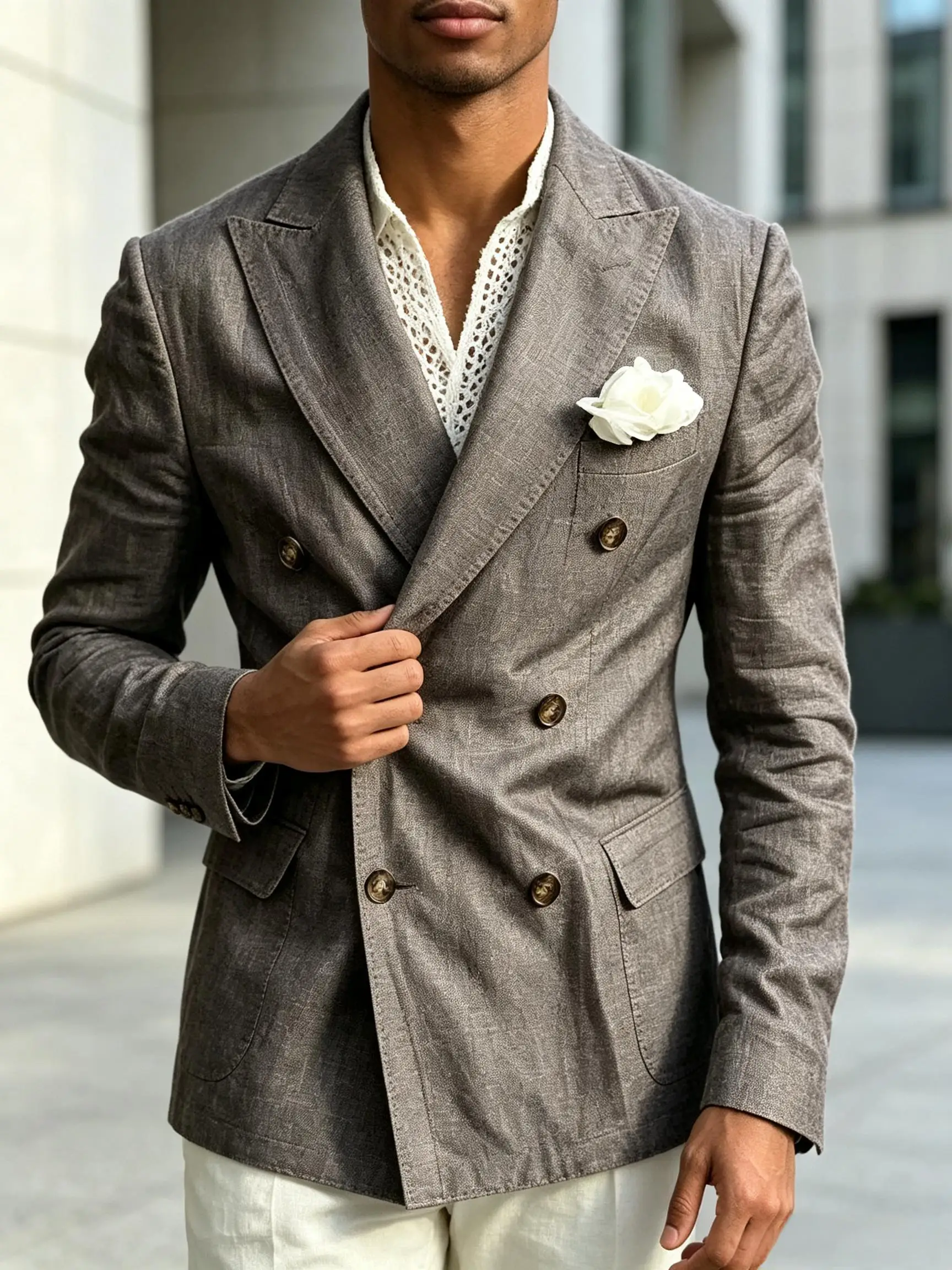 Men Linen Blazer Double Breasted Notched Lapel Breathable Slim Fit Business Wedding Casual Daily Suit Jacket