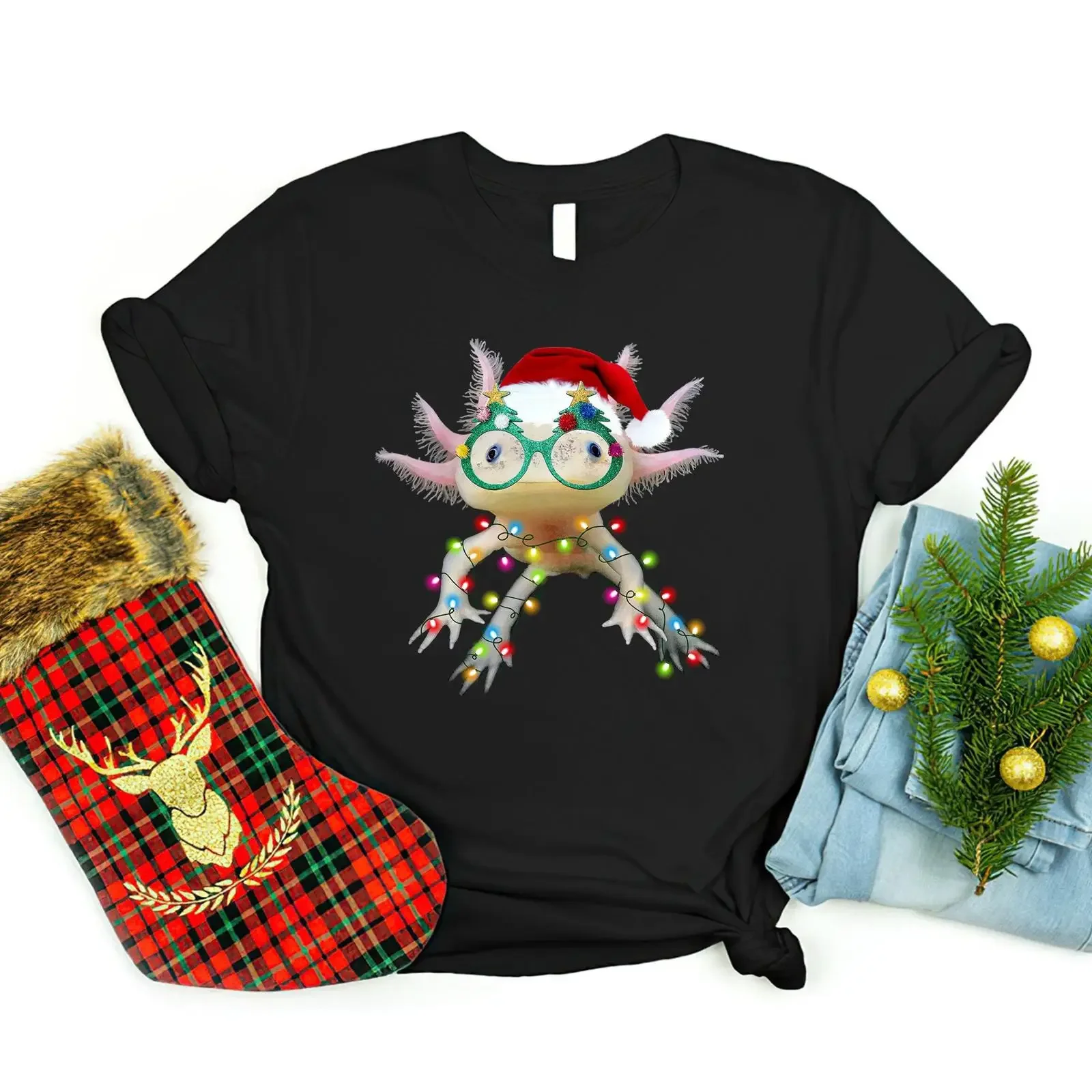 Axolotl-Weihnachtslichter-T-Shirt, Vintage-Look, Unisex, dehnbar, Designerkleidung, Grafik-Oberteil für den Alltag, weiches, modisches Material.