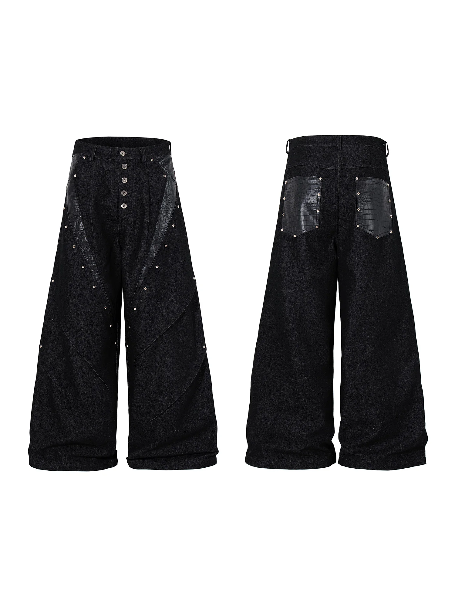 Calças Jeans Americanas de Couro PU com Estampa de Pele de , Unissex, Soltas, com Botões e Rebites, Estilo Original, Mod...