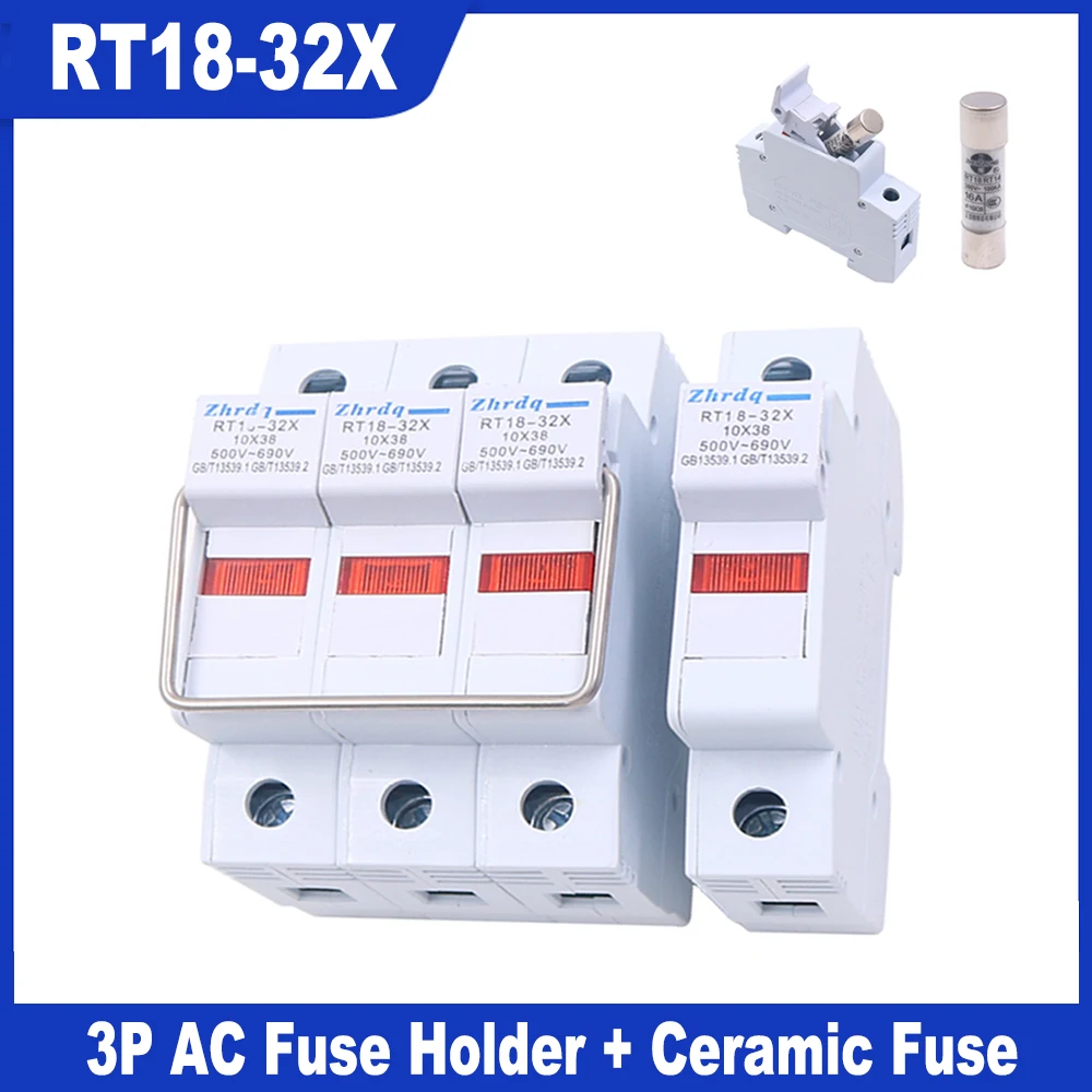 

RT18-32X 3P AC Fuse Holder DIN Rail Mounting Fuse Holder Bottom Adapter 10x38mm Ceramic Fuse