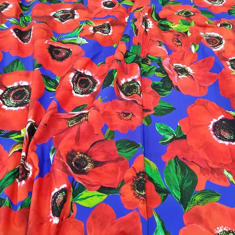 Europe and America Blue Base Red Flower Digital Print Poplin Cotton Fabric For Woman's Dress Blouse DIY Cloth Sewing Material