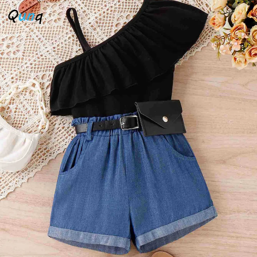 

Qunq Summer New Girls Slant Shoulder Sling Falbala TOP + Denim Shorts And Fanny Pack 3 Pieces Set Casual Kids Clothes Age 3T-8T