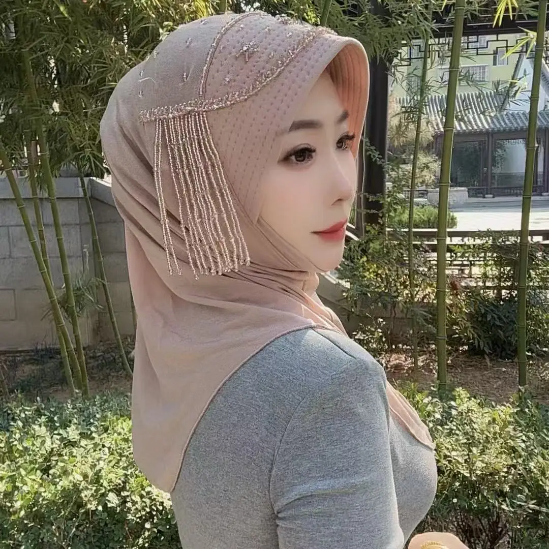 Hijab Muslim Women Shawl Headscarf Luxury Tassels Chiffon Scarf Malaysia Kufi Islam Turban 05460