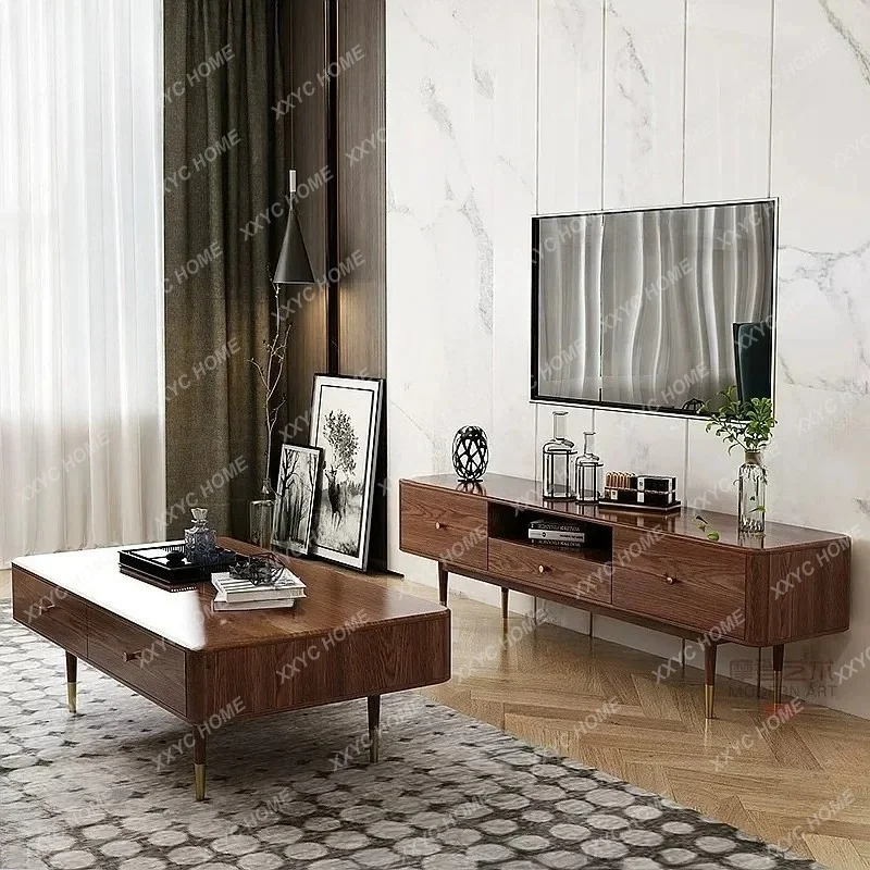XX Light Luxury Solid Walnut Wood Coffee Table TV Cabinet Combination Modern Simple Living Room Furniture