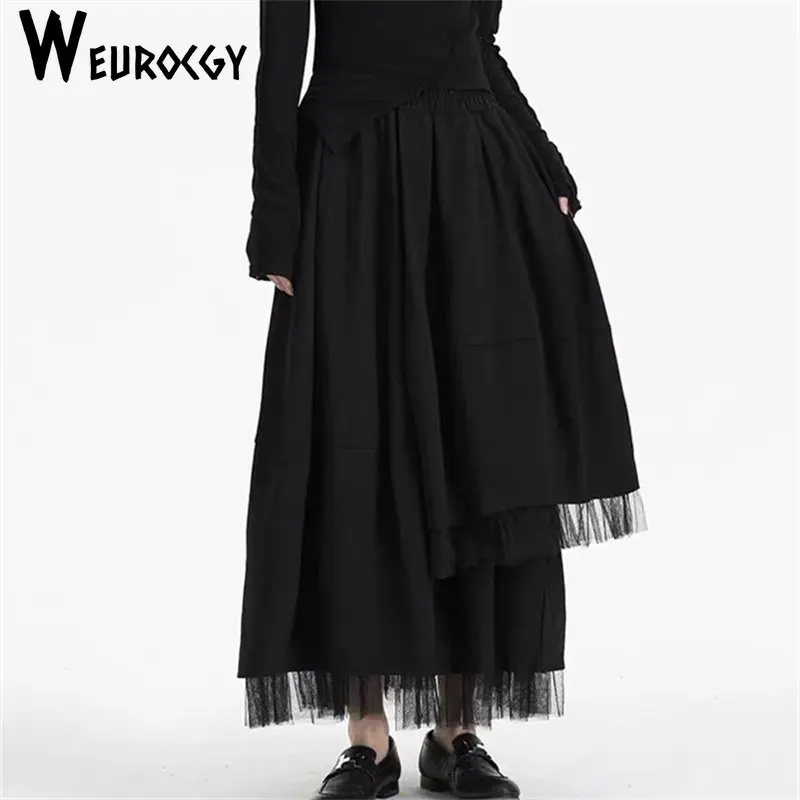 

2023 Summer Casual Loose Retro Personality Go Well With Everything Splicing A-Line Mesh Women Skirts Medium Length Streetwear