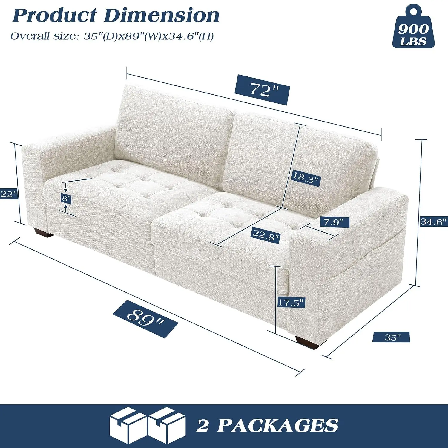 Loveseat Sofa USB Charging Removable Cover Solid Wood Frame Easy Install 89inch White, Customized