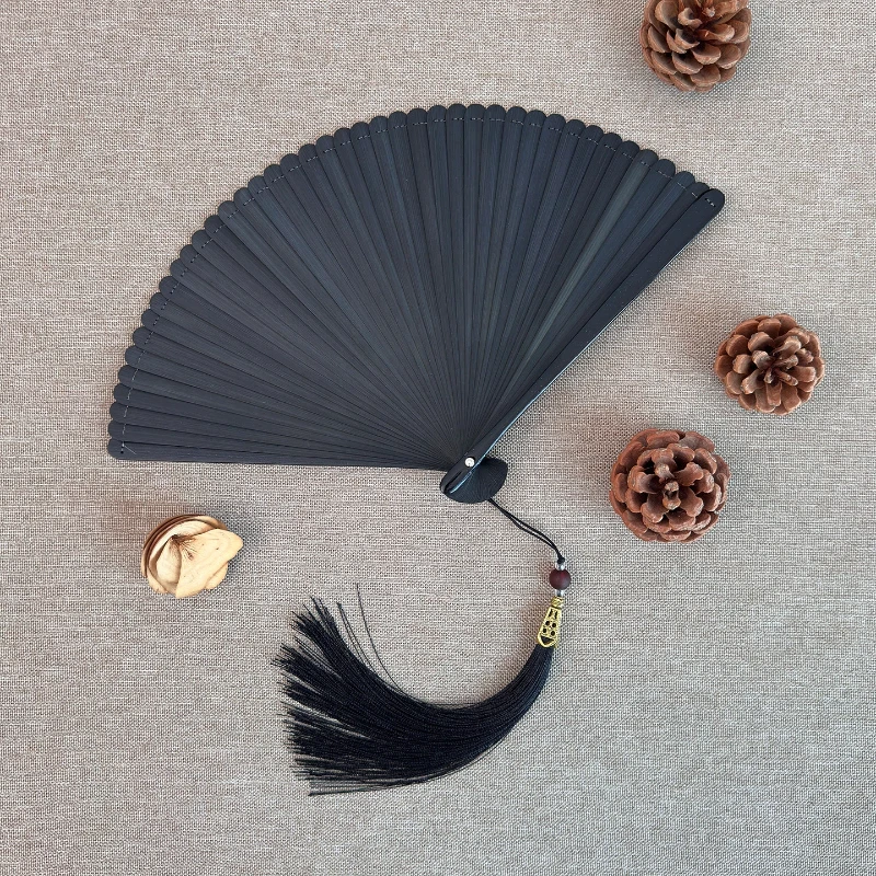 Black Bamboo Carved Folding Fan Portable Summer Cooling Daily Fan for Hanfu Photography Prop Gift Home Office Lightweight Set