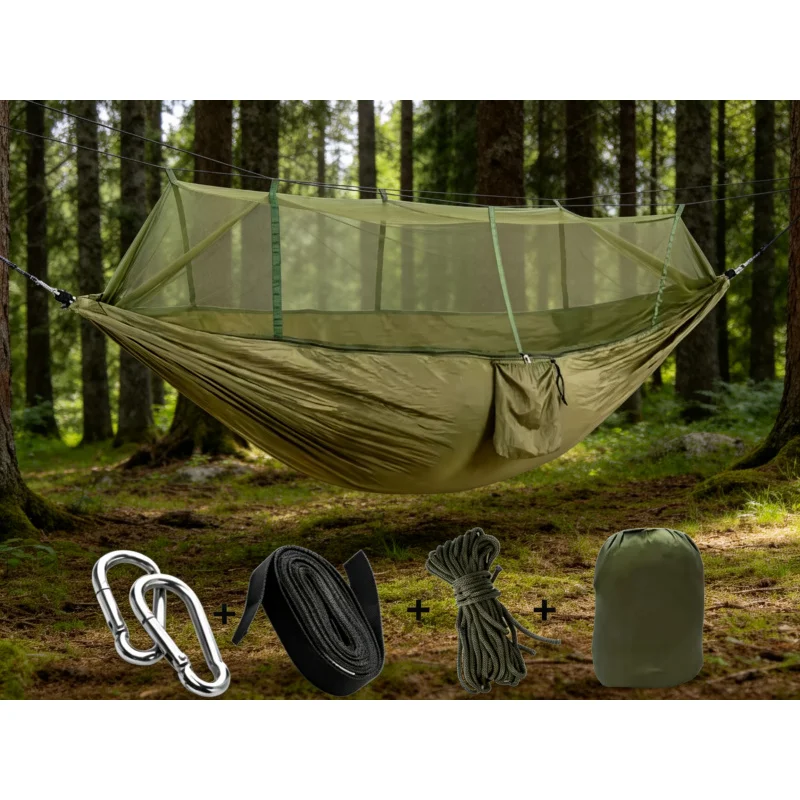 

2 Person Camping Hammock with Mosquito Net Parachute Fabric Portable Hanging for Outdoor Garden Sleep