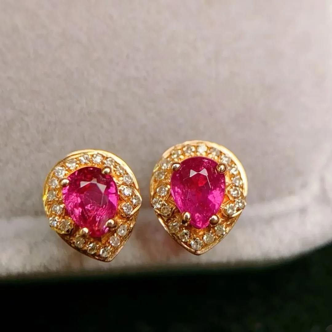 

Certificated 18k Solid Gold Tiny Earring With 0.6ct Natural Hot Pink Turmaline 0,12ct Genuine Diamond Ear Stud Timeless Jewelry