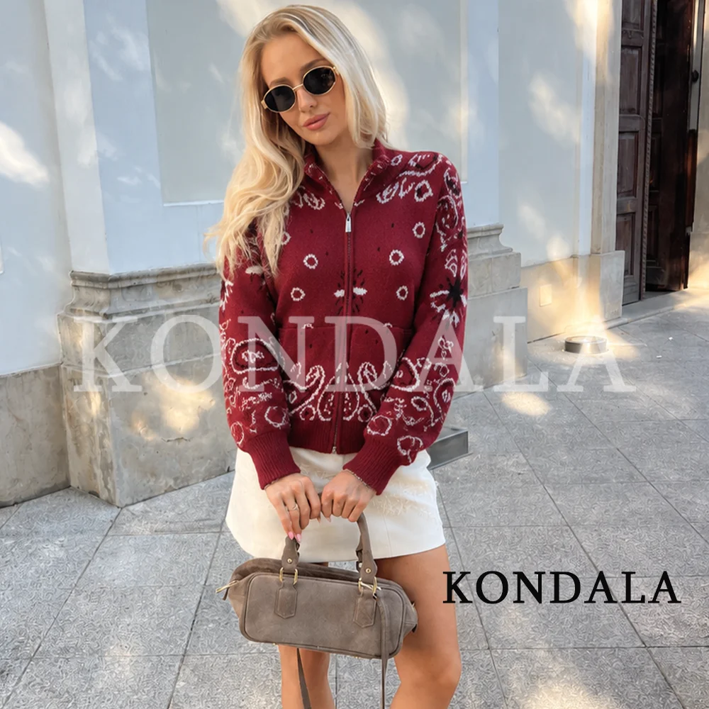 KONDALA Women Casual Knitted Zip-up Jacket 2026 Fall Winter Trendy Festivities Vintage Jacket Lady Stand-Collar Sweater Cardigan