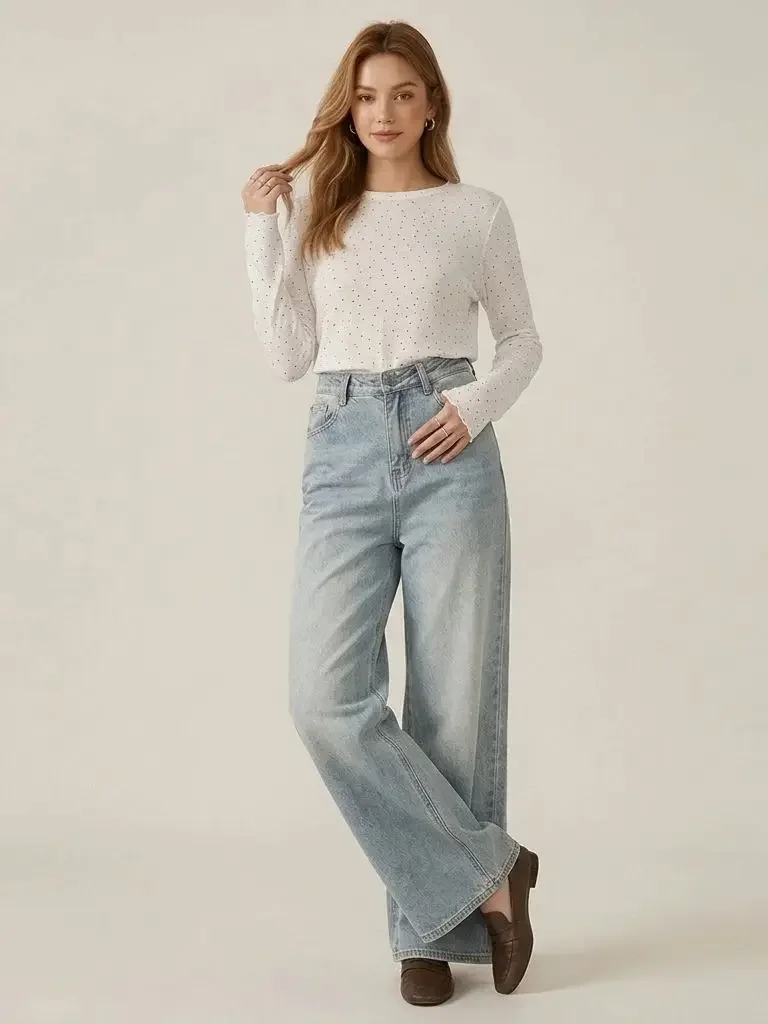 UOOZEE Women's Vintage Light Wash Wide Leg Jeans 2026 New Autumn Loose High Waist Full‑Length Casual Office Denim Pants Bottoms