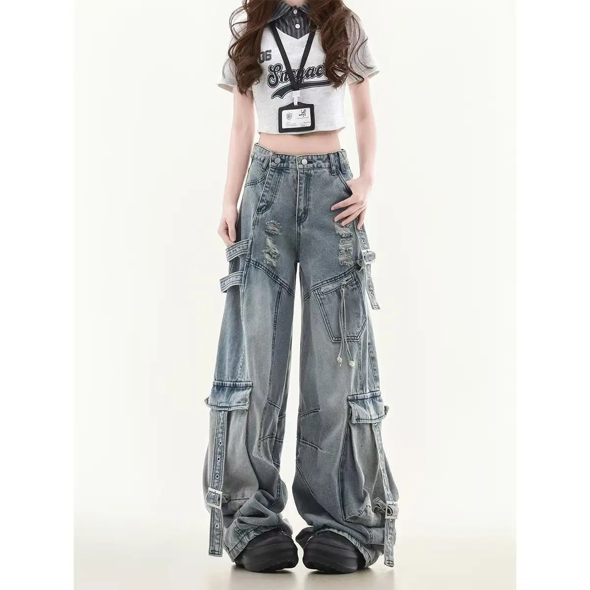 Multi-Pocket Trend Women Jeans Baggy High Street American Hole Overalls Y2K Retro Punk Hole Straight Wide-Leg Pants