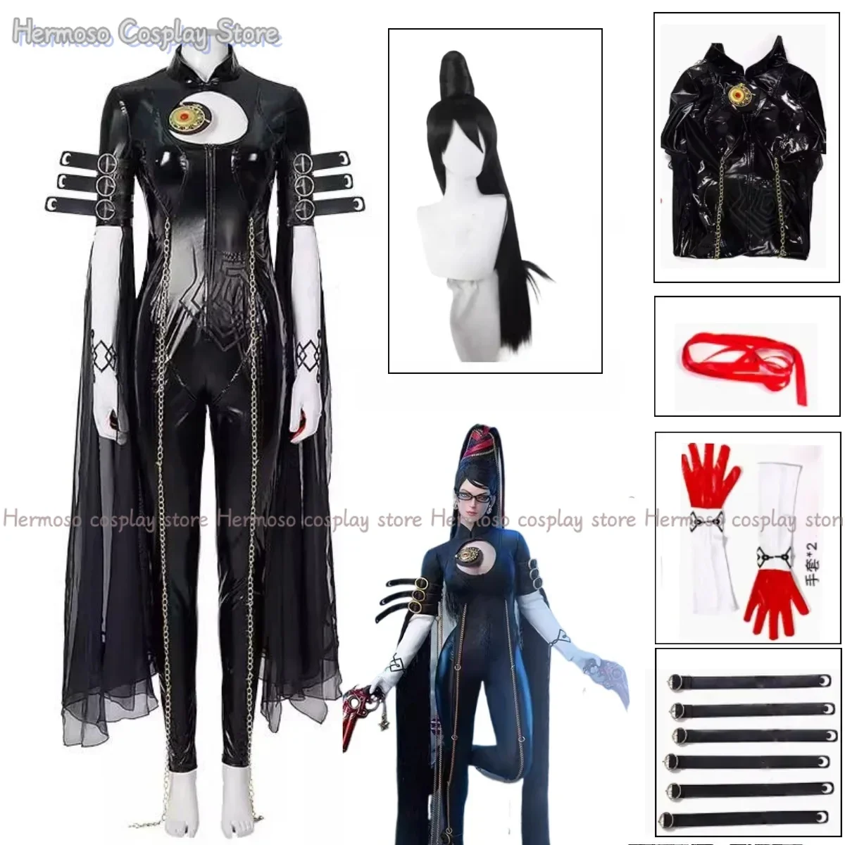 

Bayonetta Cosplay Costume Wig Bodysuit Woman Bayonetta Blaco Jumpsuit Halloween Costume Gloves Headband Glasses Cosplay Outfit