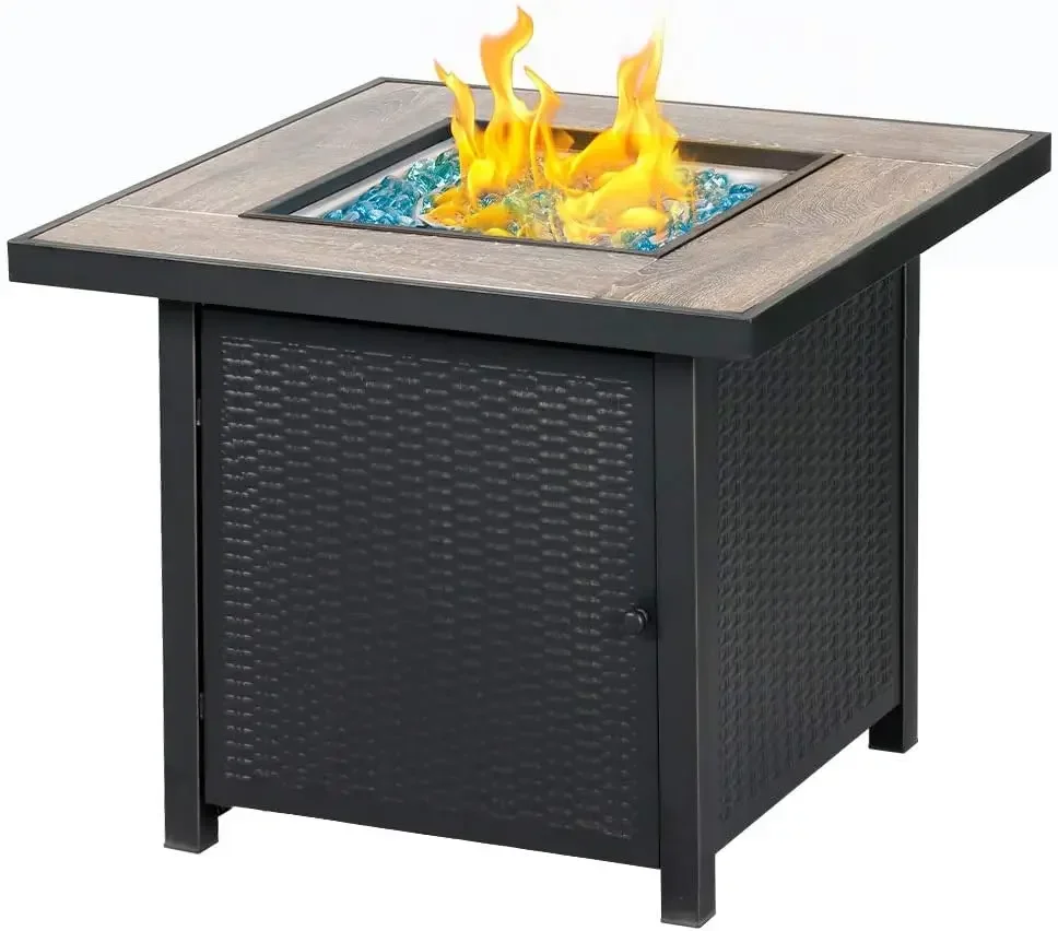 Bali Outdoors Propane Gas Fire Pit Table, 30 inch 50,000 BTU Square Gas Firepits with Fire Glass  fire pit table