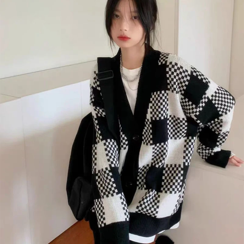 Classic Black White Plaid Cardigan Women V-Neck Long Sleeve Knitted Cardigan Woman Spring Autumn Single Breasted Outwear Female