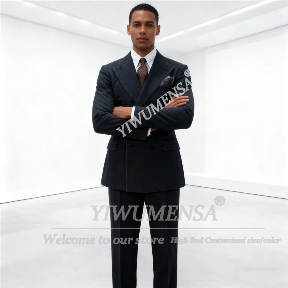 الكلاسيكية الدنيم الصلبة دعوى الرجال 2 قطعة مجموعة مزدوجة الصدر سترة السراويل مخصص رجل الأعمال السترة وتتسابق trajes الفقرة hombre