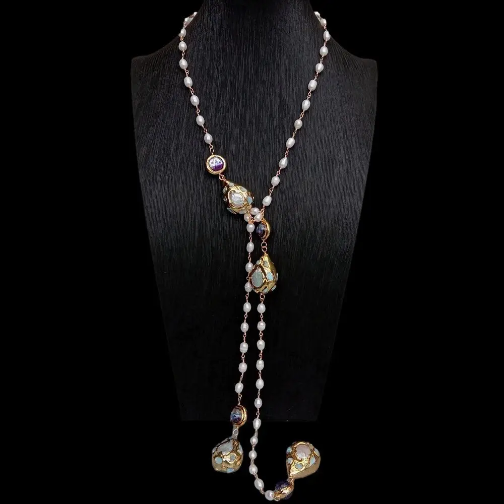 YYGEM 15mm larimar bead Cultured White Rice Pearl 15mm Purple Murano Glass Long Rosary Chain Necklace